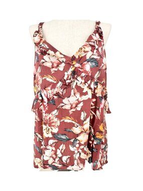 Torrid 3 Slub Ruffle Tank Top Womens Maroon Floral Sleeveless V Neck 22-24